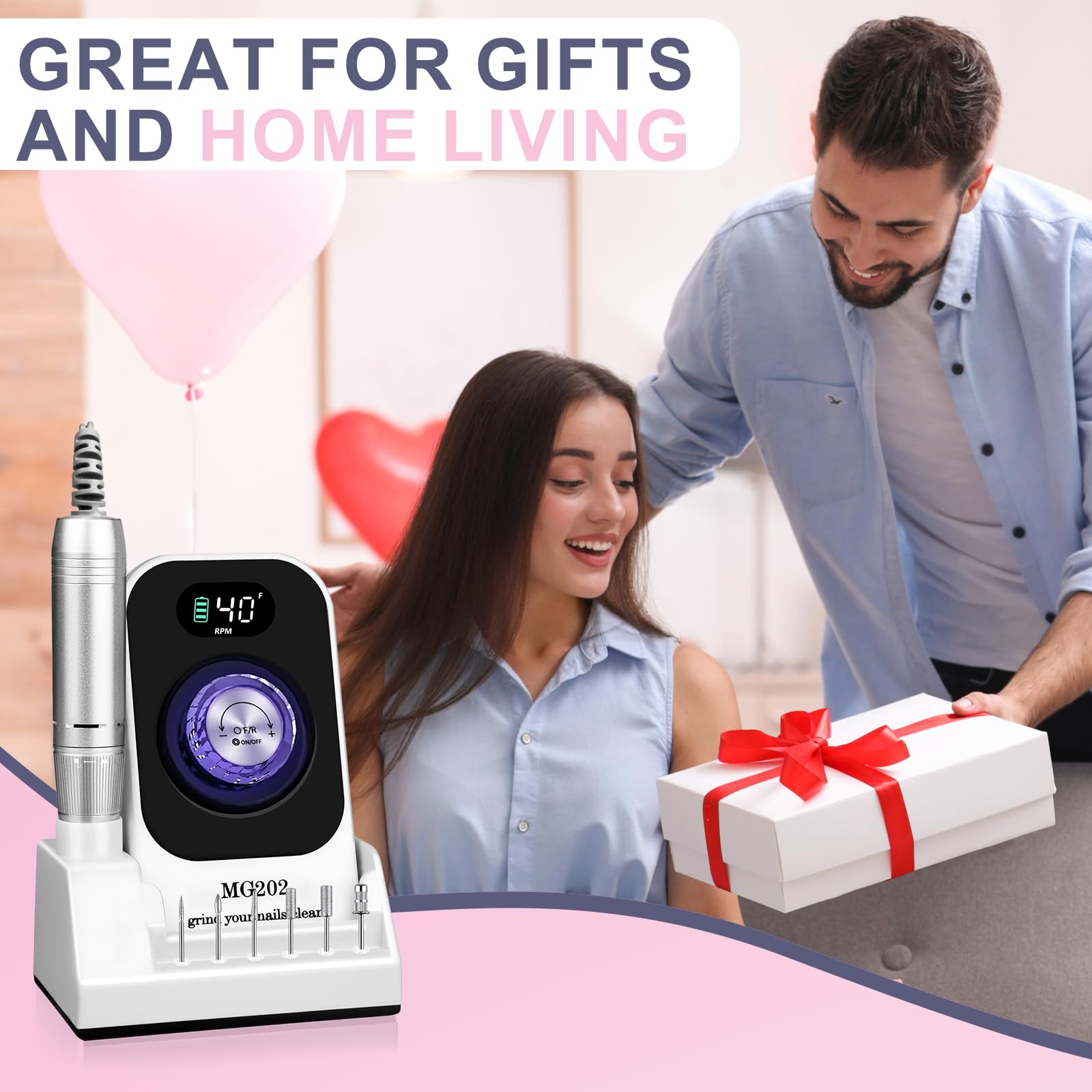 Ponceuse pour Ongles Professionnelle 40000 RPM, Urbuti 12 en 1 Lime à Ongle Electrique 4000 mAh avec Écran LCD, Vitesse Réglable, Silencieuse, Ponceuse Manucure Portable pour Salon/Maison (Blanc)