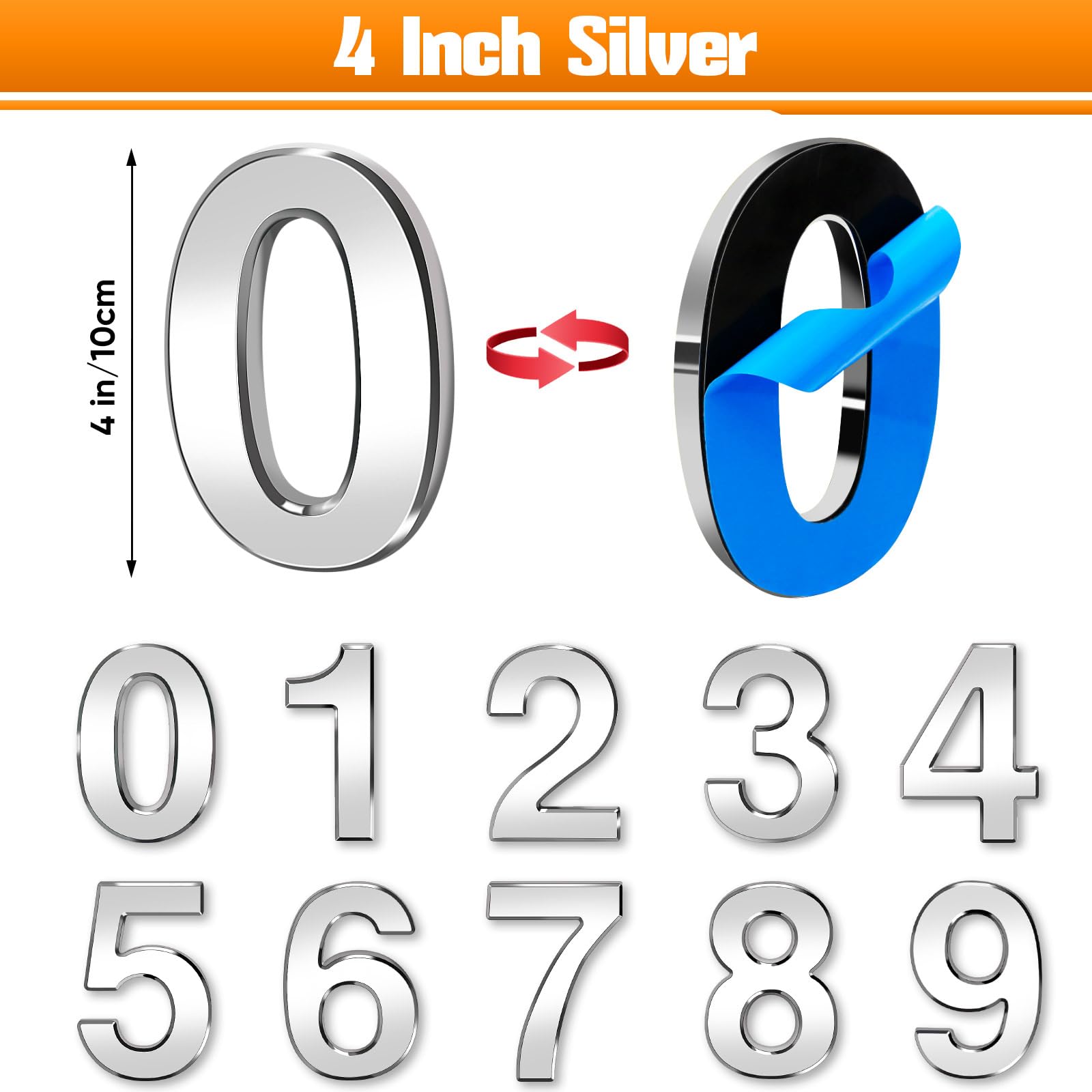 Set Of Metallic Silver 4 Inch House Numbers - Modern 3D Aluminum Numbers, Wall Mount