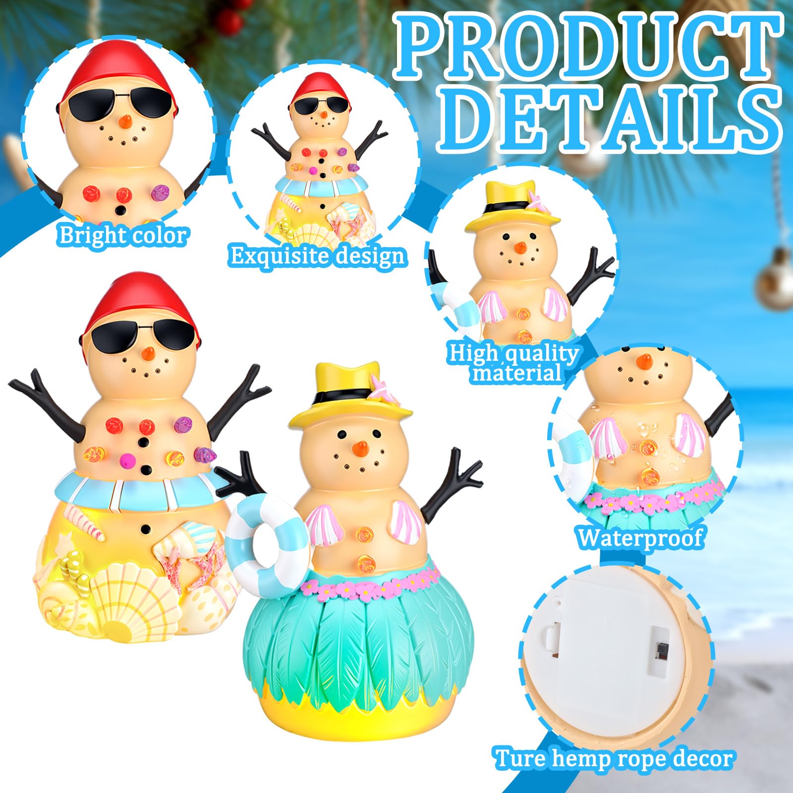 Bucherry 2 figuras de muñeco de nieve de playa con luz de resina de Navidad, decoraciones de muñeco de nieve costero, centros de mesa de Navidad, para el hogar, 3.5 x 3.5 x 5.9 pulgadas