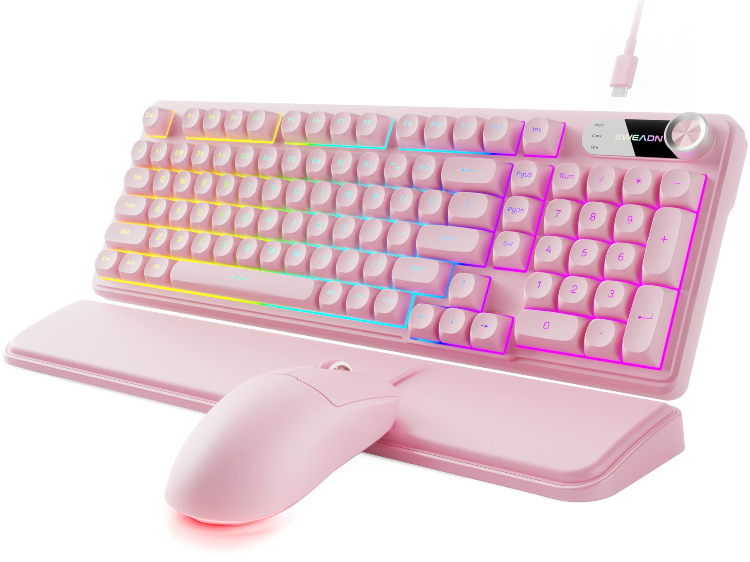 EWEADN Wired Keyboard and Mouse Combo with Detachable Wrist Rest, Quiet Ergonomic Keyboard Mouse Set with Multimedia Knob, RGB Backlit, Double-Shot Keycaps Natural Typing for Laptop, PC - Pink