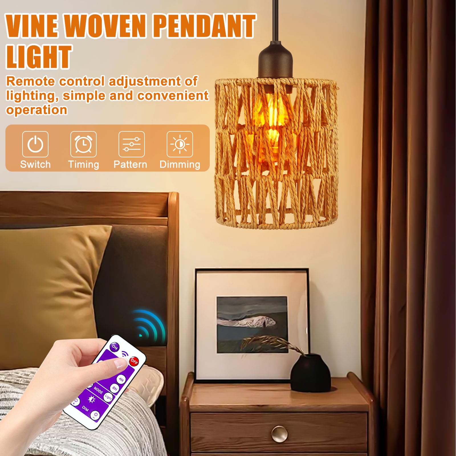 Rattan Hängelampe Mit Batterie | E27 Boho Style | Wasserdicht | Mit Fernbedienung