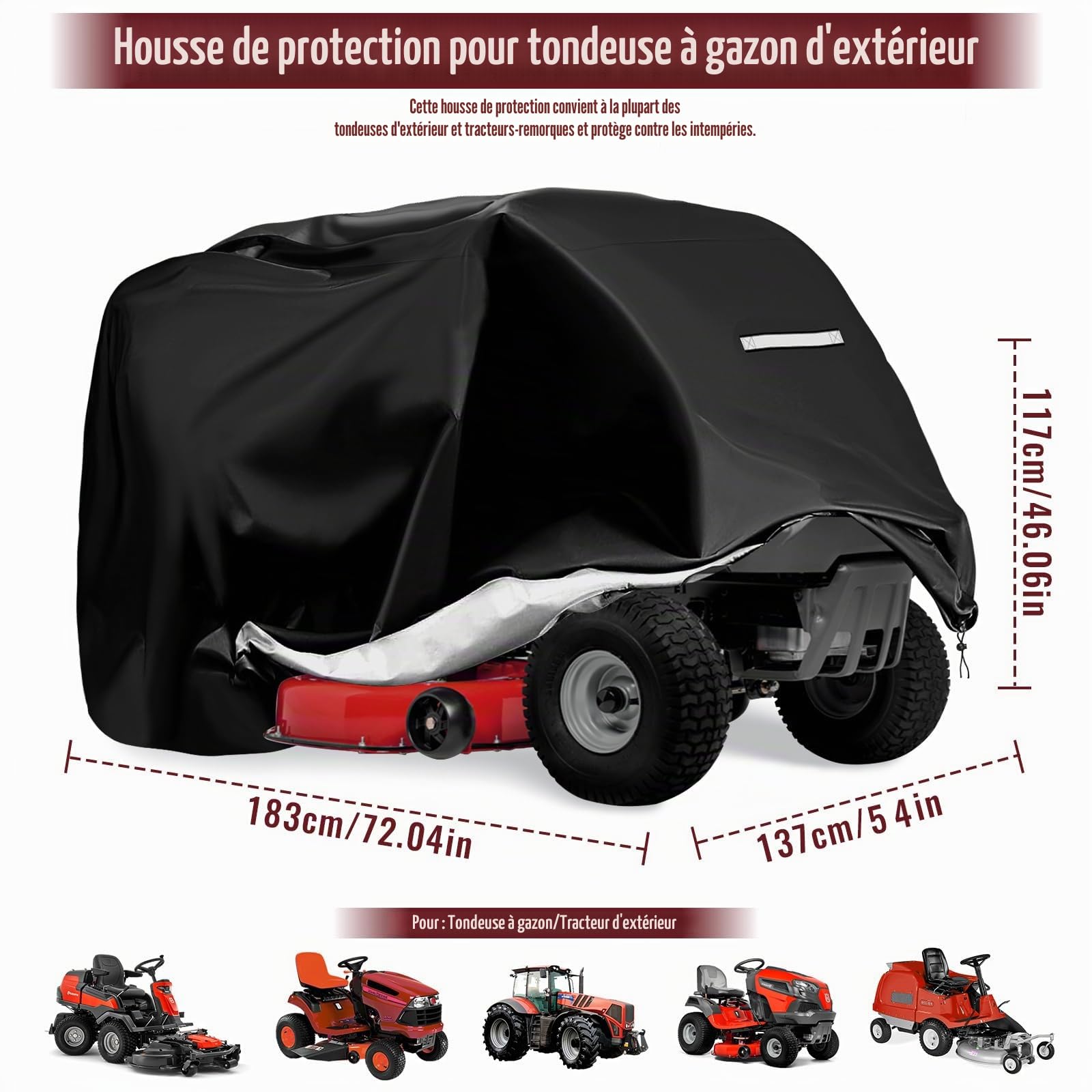 Housse de tracteur imperméable pour tracteur jusqu'à 137,2 cm, en polyester Oxford 420D, résistante aux UV, à la poussière, à la saleté, à l'eau pour tracteur de jardin, 183 x 137,2 x 117,2 cm (L x l