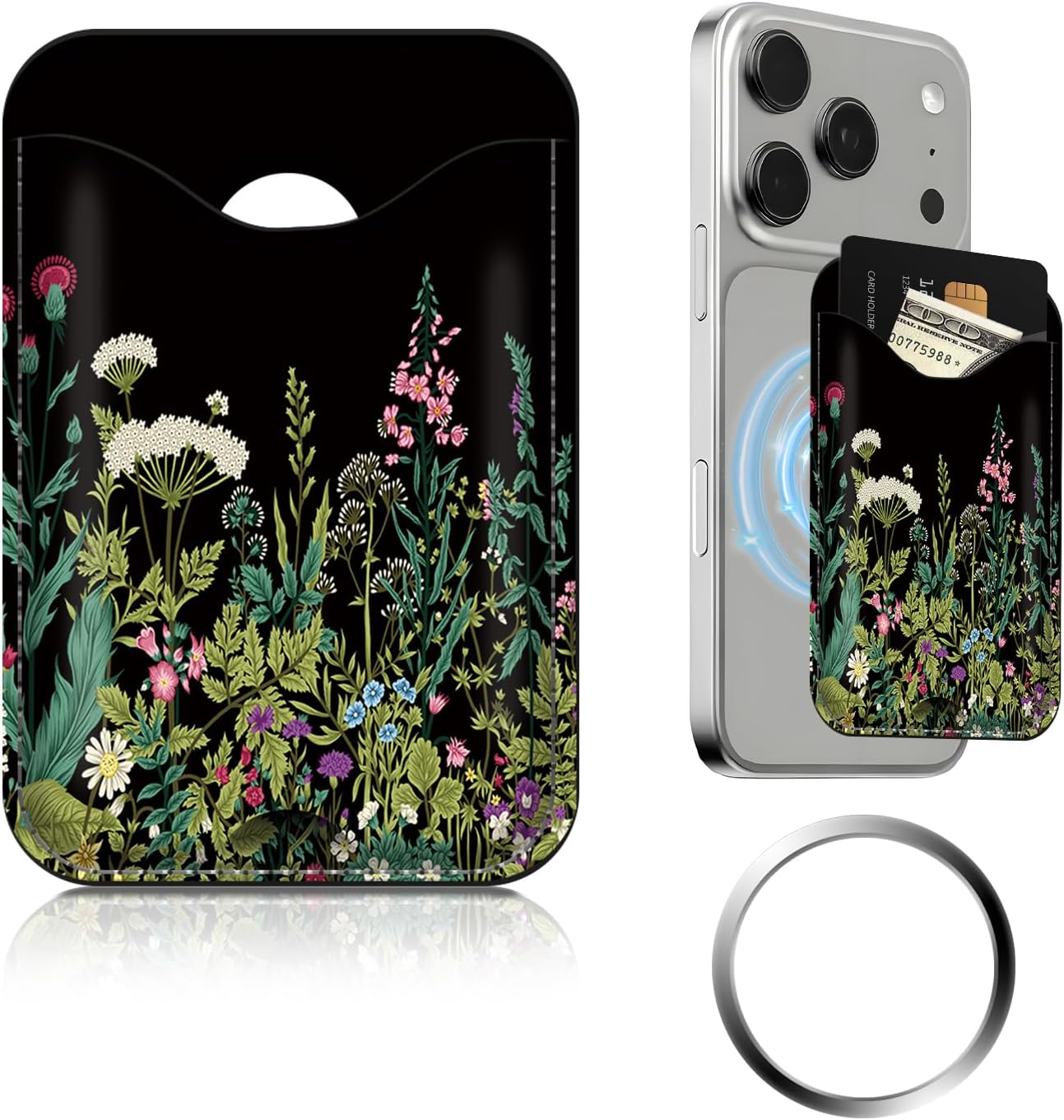 Compatible with Magsafe Wallet Magnetic Phone Card Holder for Phone Case, Cute Leather Stronger Magnetic RFID Phone Wallet for Women Men Colorful Flowers