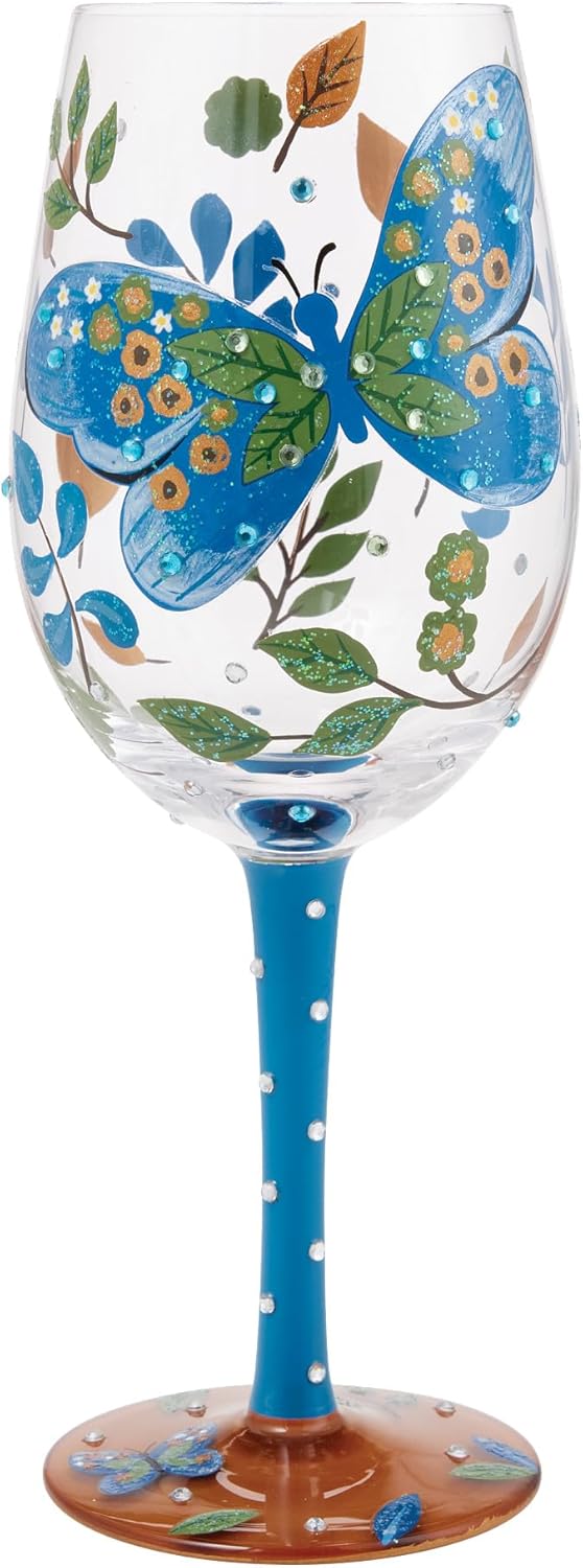 Enesco Lolita Garden Butterfly with Foliage Hand-Painted Artisan Wine Glass, 15 Ounce, Multicolor