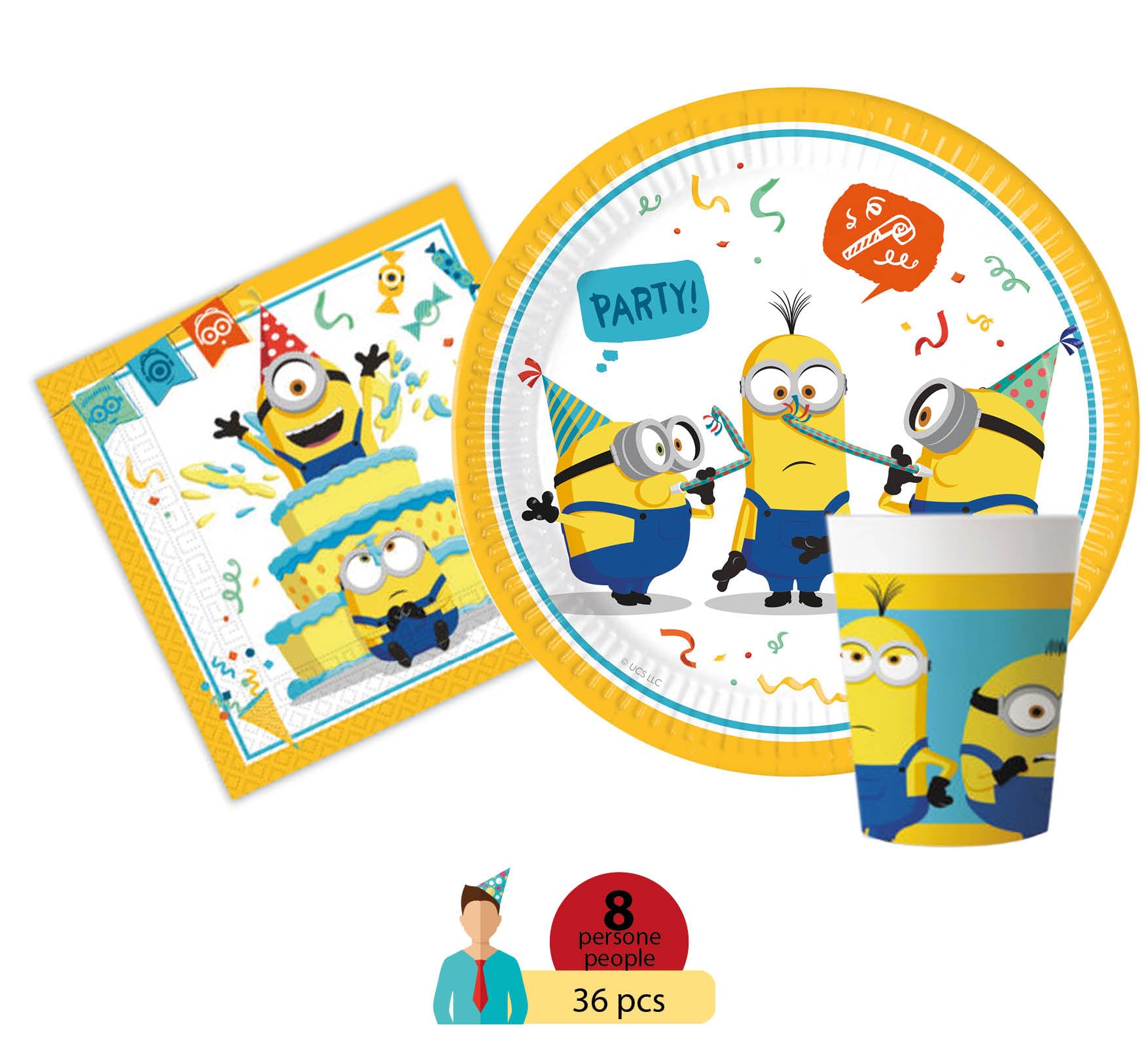 Party Tableware Set Minions The Rise of Gru for 8 people (36 pcs: 8 paper plates Ø23cm, 8 cups 200ml, 20 paper napkins 33x33cm)