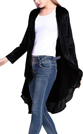 Urban CoCo Womens Long Sleeve Velvet Cardigan Coat with Asymmetric Chiffon Hem