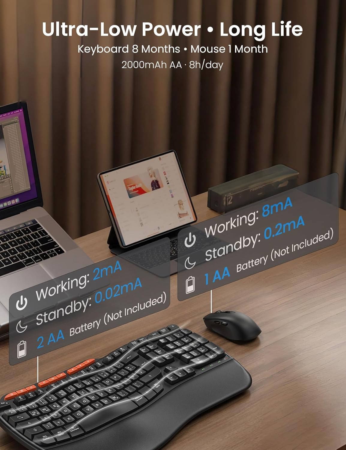 Ergonomic Wireless Keyboard and Mouse Combo, 2.4G Full Size Wave Key Board with Cushioned Palm Rest, Natural Typing, 3 DPI Adjustable Mouse, USB-A & C for Computer/Laptop/Mac/Tablet – Sablute - Image 4