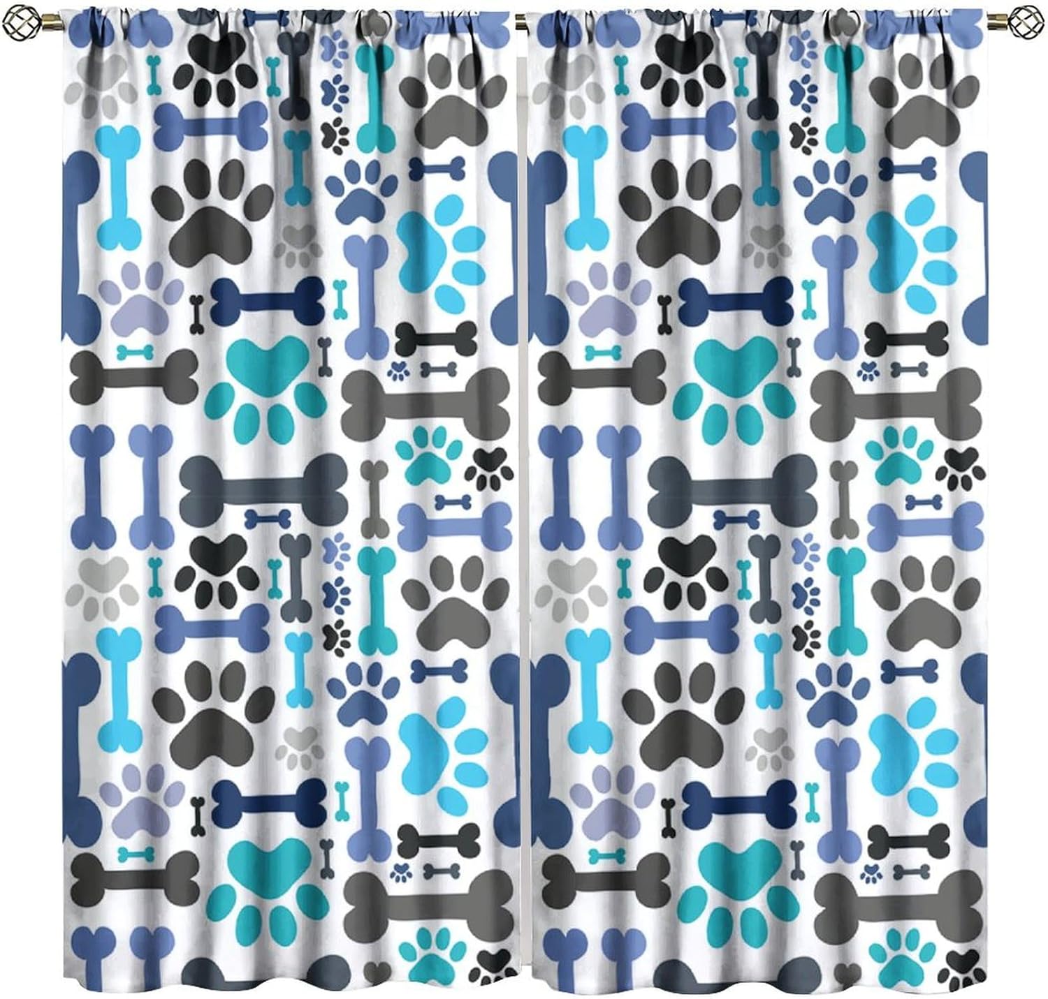 Funny Cartoon Dog Paw Print Window Curtains,Cute Colorful Cartoon Dog Paw Print Bones Dog Lover Print Window Drapes for Bedroom Living Room Kitchen Decor,2 Panel Set,42x45 Inch Blackout