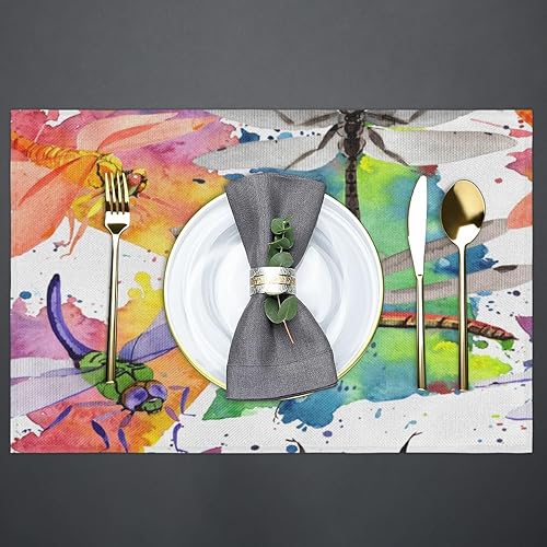 Miniatura 4 de Juego de 6 manteles individuales cuadrados de tela con diseño de libélula pintada para mesa de cocina, resistentes al calor, fáciles de limpiar, 12