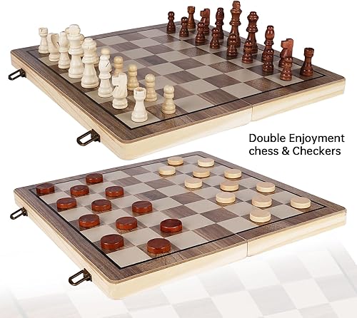 Miniatura 2 de Juegos de ajedrez de madera de 15 pulgadas, juego de ajedrez y damas con 2 reinas adicionales, tablero de ajedrez de madera plegable para adultos y