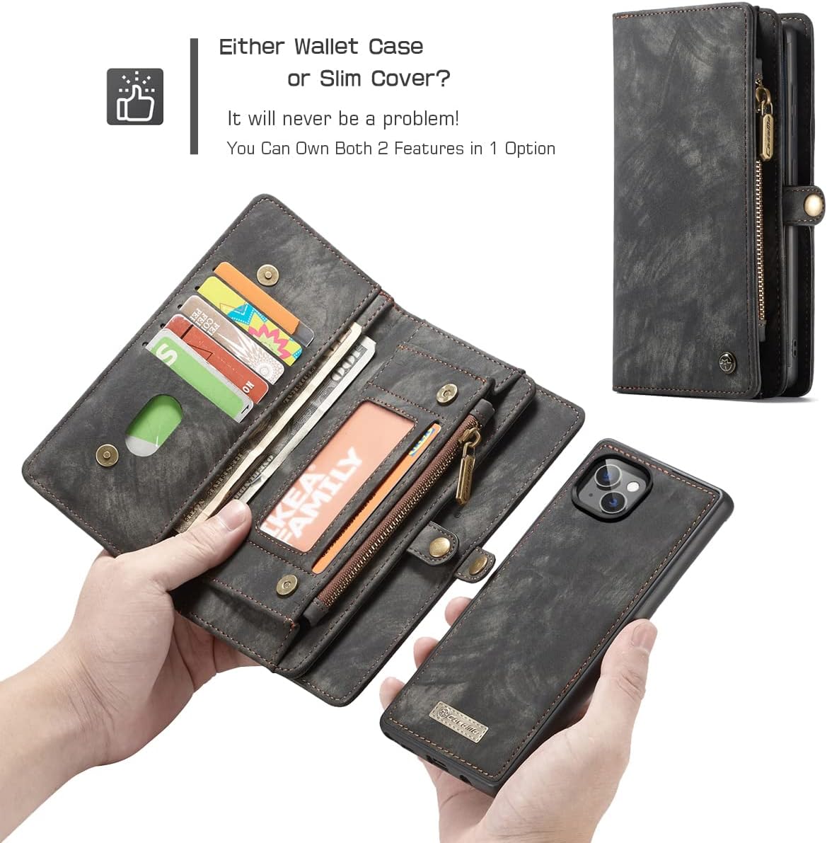 Compatible with iPhone 16 Pro Leather Wallet Case Detachable Magnetic Flip Leather Phone Cover with Zipper Pocket Card Holder Shockproof Detachable Wallet for Woman Man (Black)