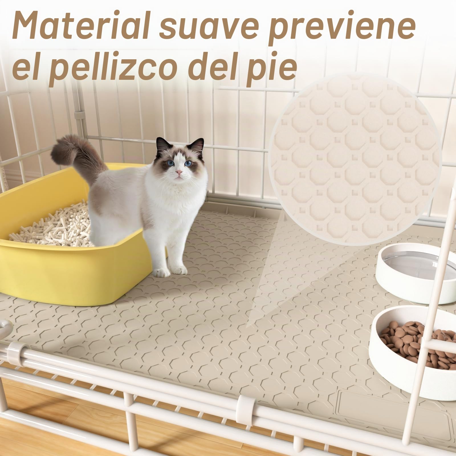 Alfombra Arenero Gato Silicona Impermeable Bordes Elevados 86x56cm, Alfombra Gatos Arenero Grande Antideslizante, y Alfombrilla Arenero Gato Diseño Panal Fácil Limpiar, Beige
