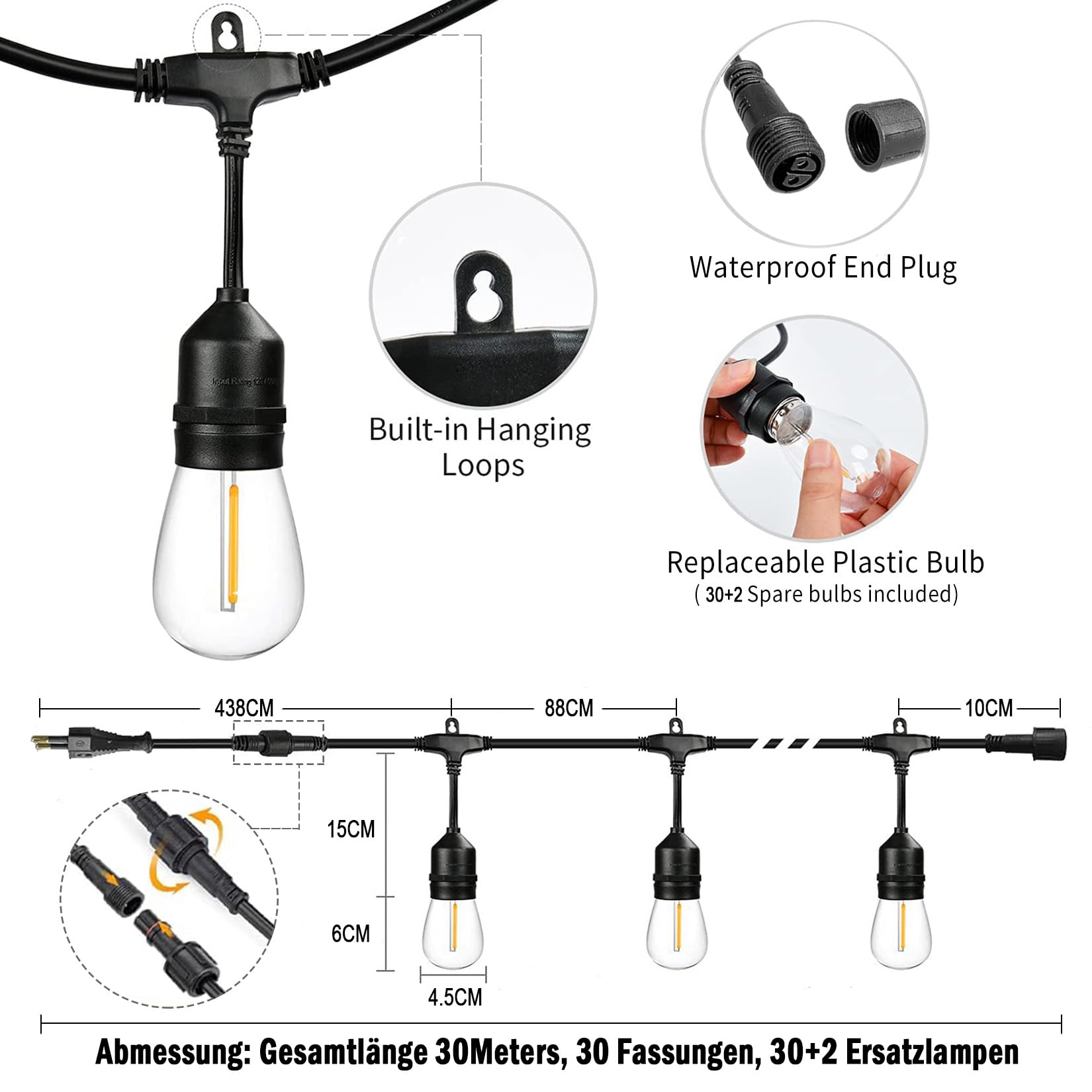 LED Lichterkette Außen 30M,E27 Lichterkette IP65 mit 32 Lampen | S14 Außen-Lichterkette 2700K Warmweiß für GartenTerrasse Hochzeiten [Energieklasse G]