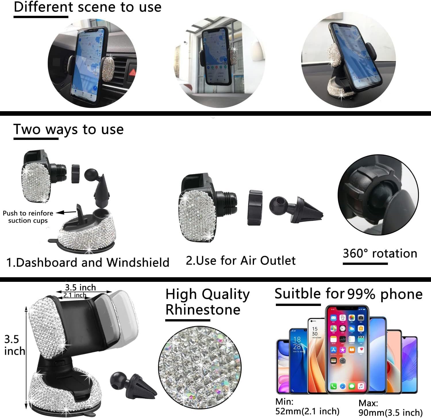 Unifizz 27 PCs Bling Car Accessories Set Steering Wheel Covers Universal Fit 15 Inch for Women, License Plate Frame, Phone Holder, Bling Car Coasters (Silver Diamond)