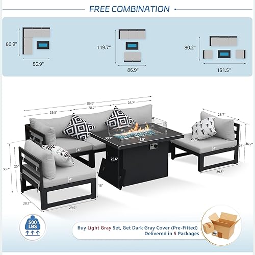 Miniatura 401 de NICESOUL 7 Piece White Powder-Coated Aluminum Patio Furniture with Fire Pit Table, 29 Inch Extra Wide Outdoor Sectional Sofa for 6, High-End Heavy