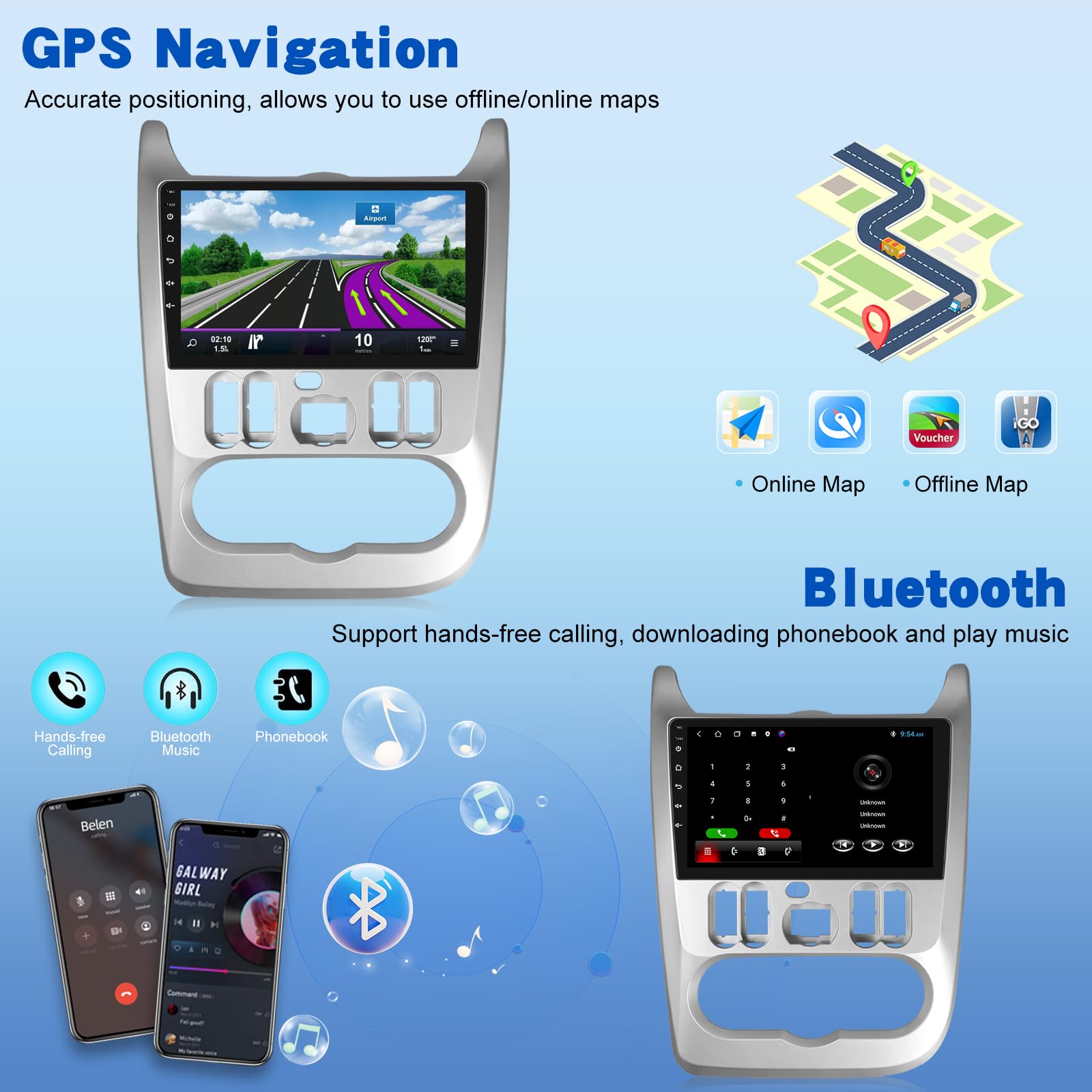 [2G+64G] Android Autoradio pour Renault Logan 1 Sandero 2009-2015/Dacia Duster 2010-2017 avec sans Fil Carplay et Android Auto, Écran Tactile HD de 9 Pouces avec GPS/WiFi/Bluetooth/EQ/FM RDS