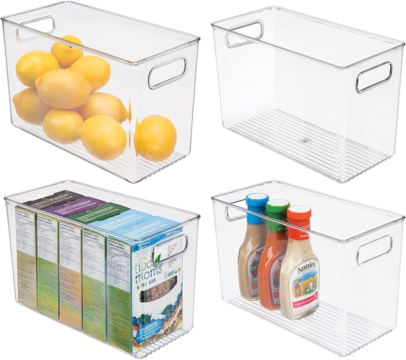Contenedor de plástico para almacenamiento de alimentos con asas - para cocina, despensa, gabinete, refrigerador/congelador - Estrecho para bocadillos, productos, verduras, pasta - Sin BPA, apto para alimentos - Paquete de 4, transparente
