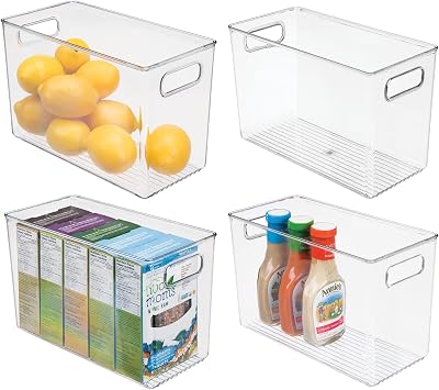 mDesign Plastic Food Storage Container Bin with Handles - for Kitchen, Pantry, Cabinet, Fridge/Freezer - Narrow for Snacks, Produce, Vegetables, Pasta - BPA Free, Food Safe - 4 Pack, Clear