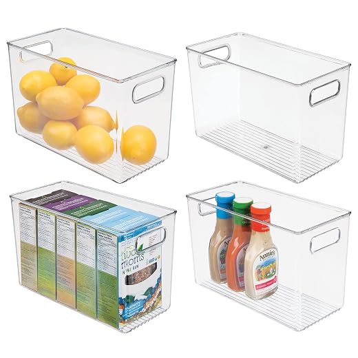 mDesign Plastic Modern Storage Organizer Bin Basket with Handles - 4 Pack - Clear