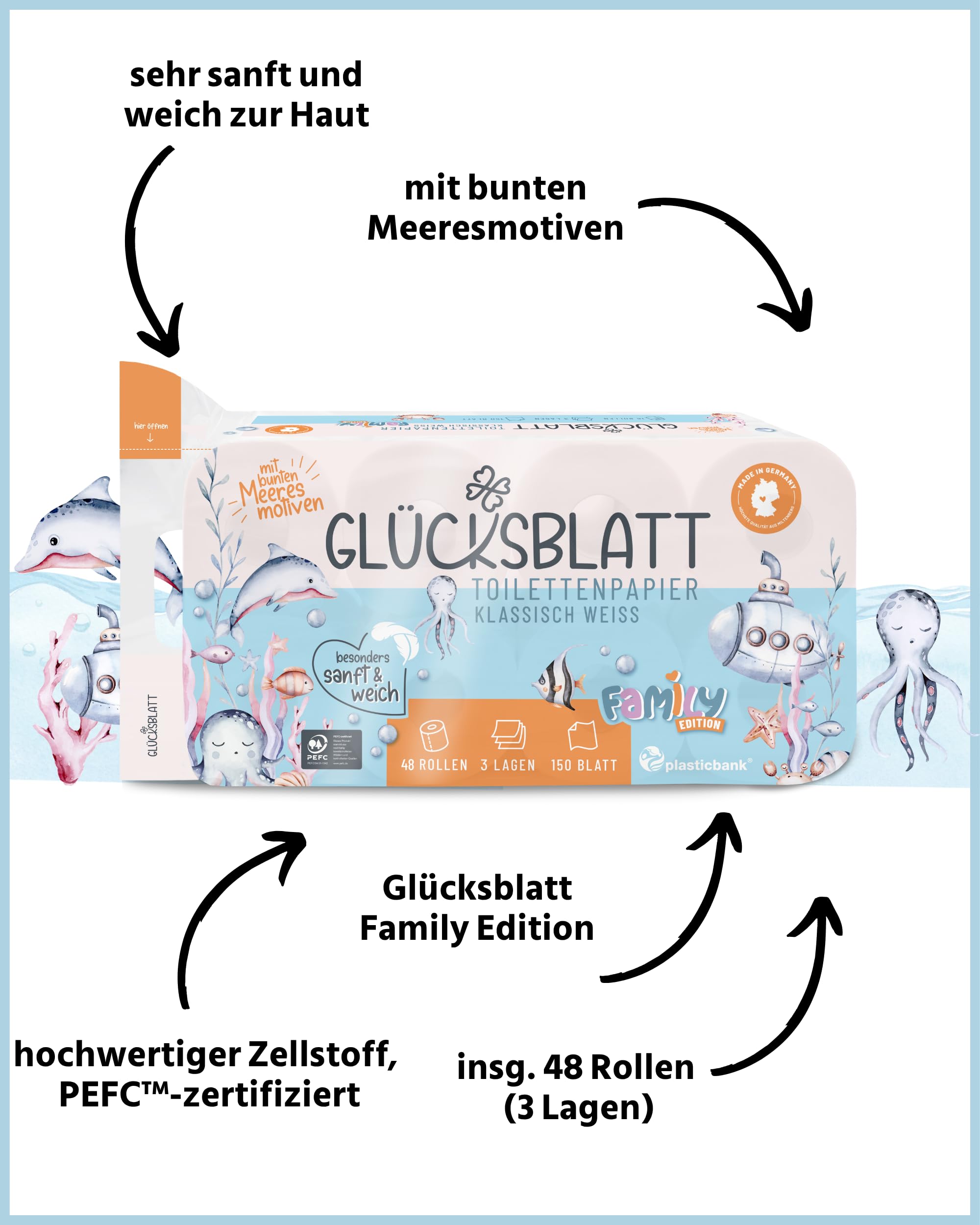 Glücksblatt Toilettenpapier 3-lagig, 48 Rollen mit bunten Druckmotiven | Premium Frischzellstoff mit bunten Motiven, 150 Blatt je Rolle, superweich & reißfest, PEFC™ zertifiziert, 30% Recyclingfolie