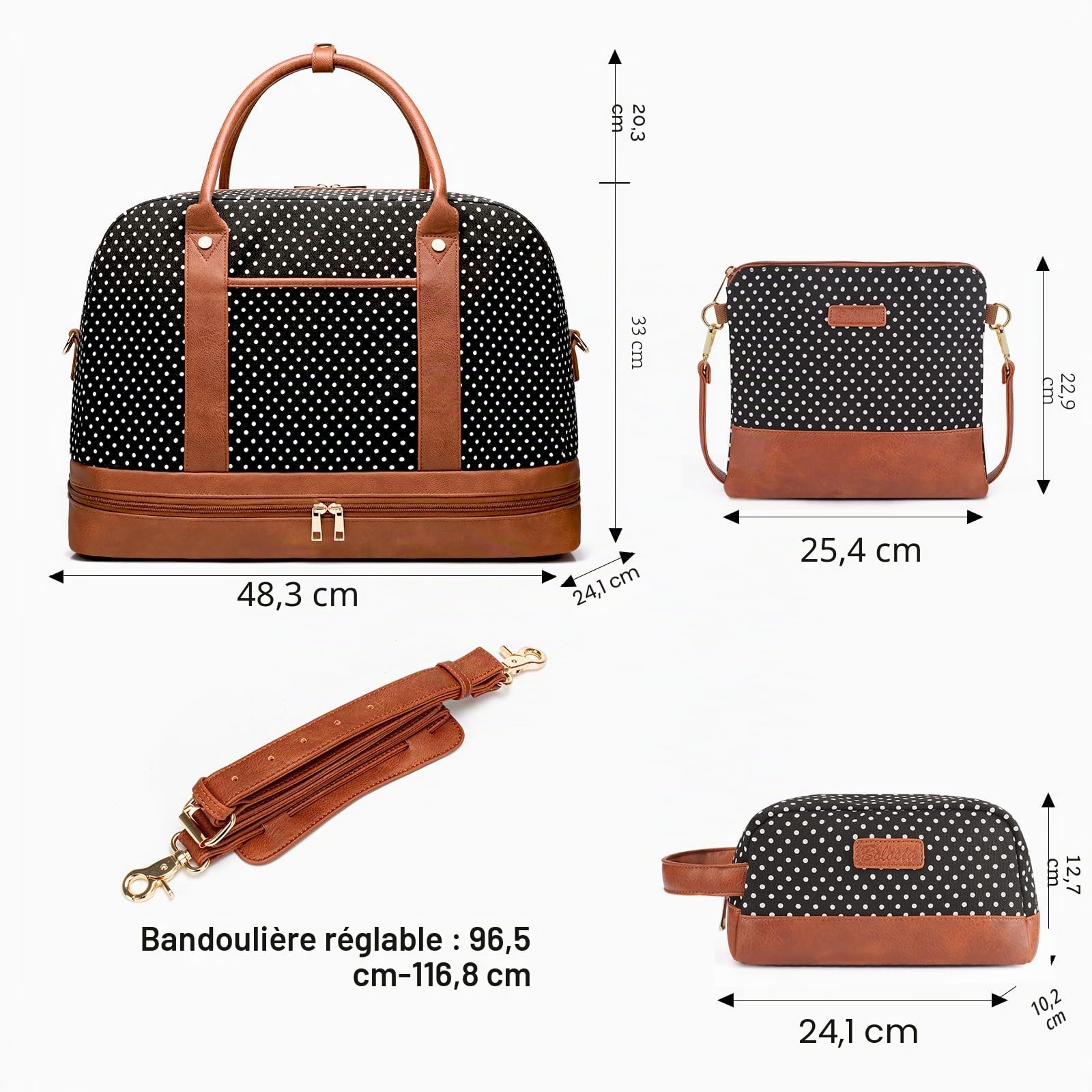 Sacs de week-end pour femmes en toile, sac de voyage de grande taille pour femmes, sac à bandoulière avec compartiment à chaussures, parfait pour le voyage ou l'utilisation quotidienne, ensemble de 3