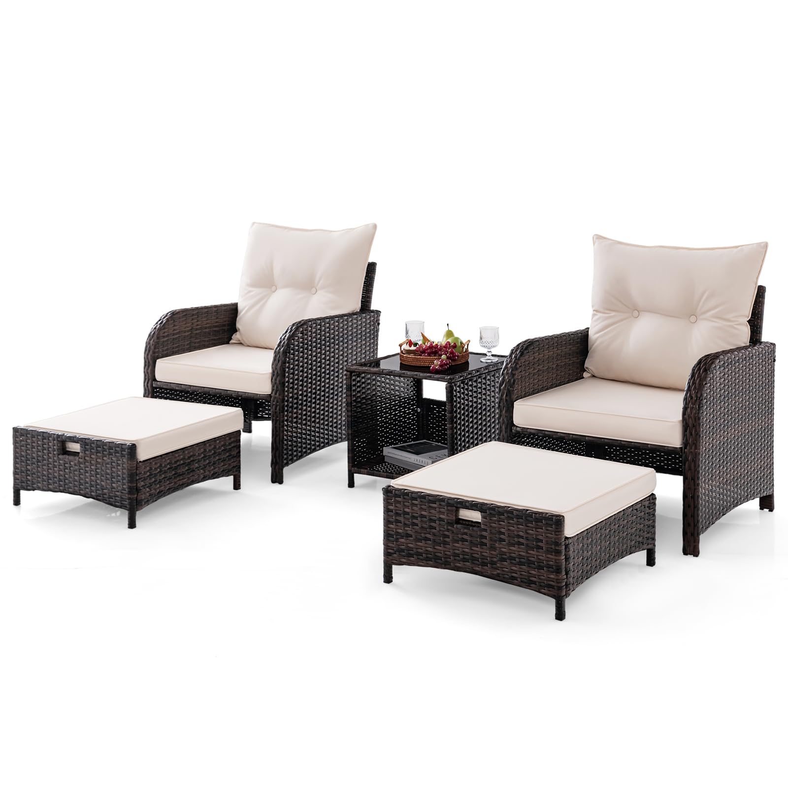 GYMAX Conjunto de Muebles de Jardín de Ratán 5 Piezas, Muebles Jardin Exterior con Cojines, 2 Sillones 2 Otomanas y Mesa Baja en Vidrio Templado, para Cojines, Jardín Patio Piscina, Beige