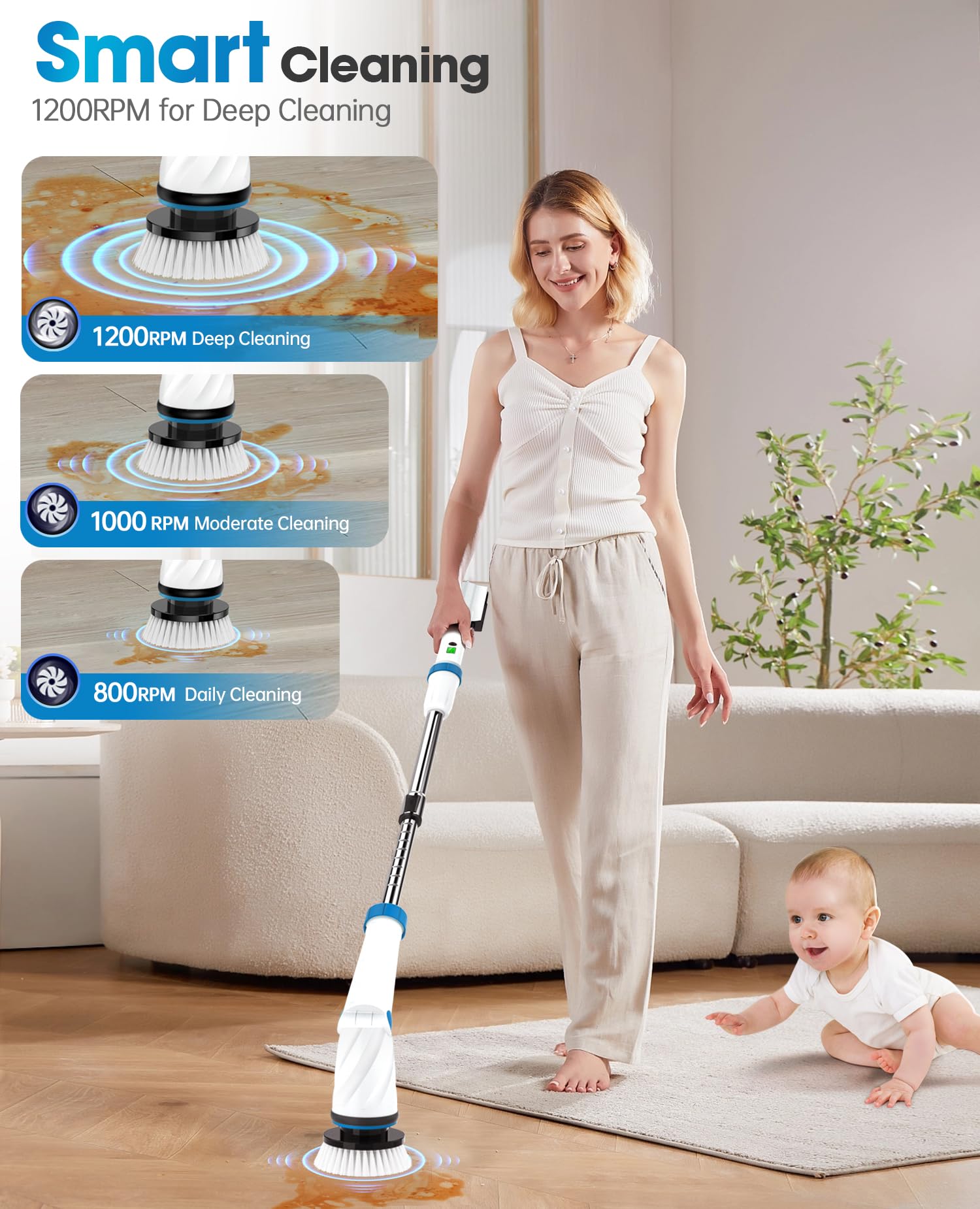 Estropajo eléctrico giratorio, estropajo eléctrico para limpieza, limpiador de ducha, limpiador giratorio inalámbrico de 3 velocidades con 8 cepillos de limpieza, depurador de baño de 21 V para