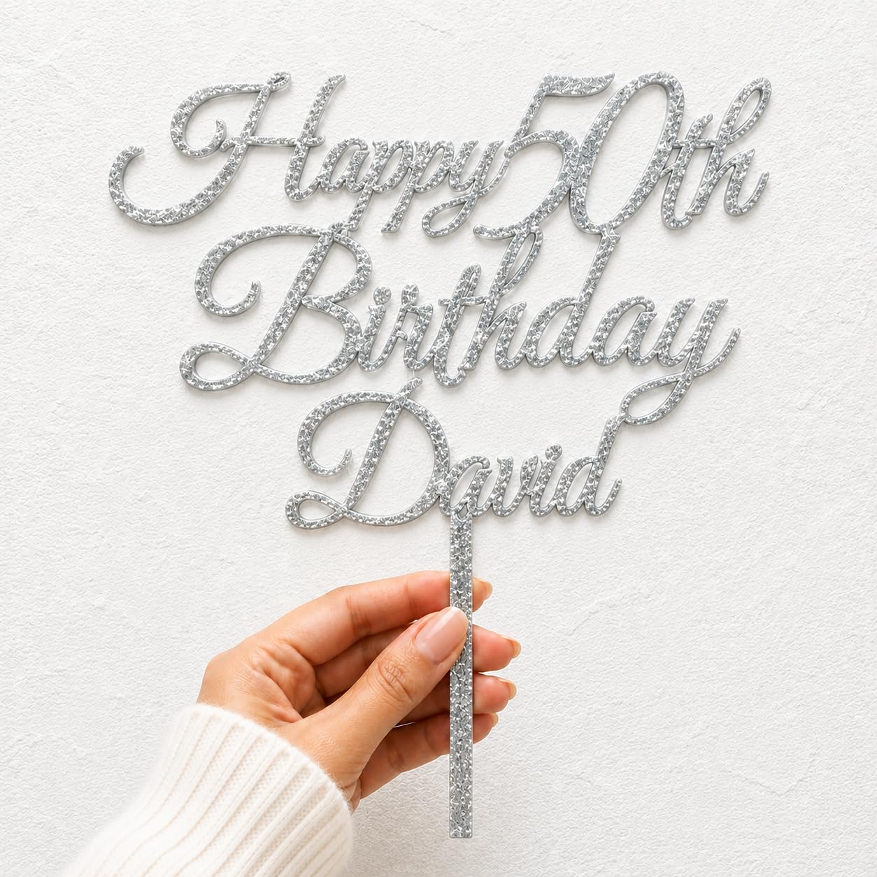 ZMR Personalised Cake Topper Custom Name Double Sided Glitter Birthday (SILVER)