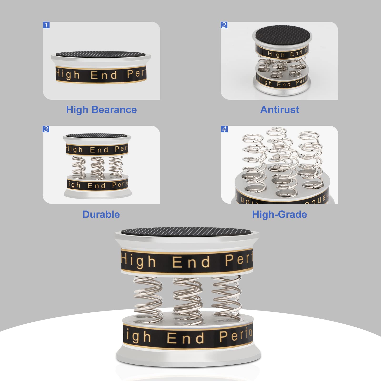 Lautsprecher-Isolationsfüße Aluminium einstellbare 49mm*42mm Lautsprecher-Bodenschutzmatten,Subwoofer-Feder-Vibrationsabsorber-Spikes für Audio,Lautsprecher,Subwoofer,Heimkino(Silber)