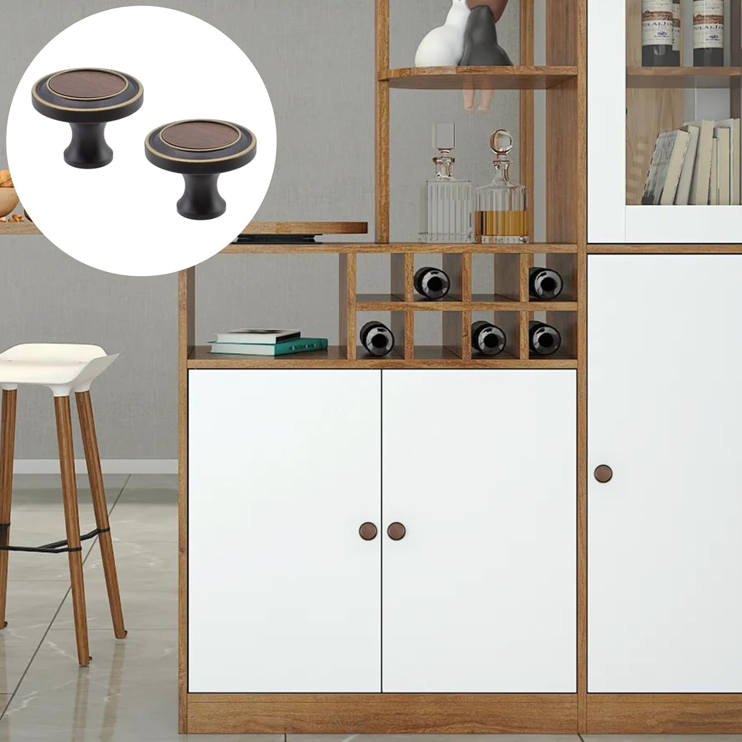 Round Wooden Single Hole Drawer Handles Brass and Walnut Grain Cabinet Knob 1.18 Inch Dresser Vanity Modern Furniture Door Hardware Pulls for Cupboard Closet Wardrobe,2 Pcs (Coffee Bronze)