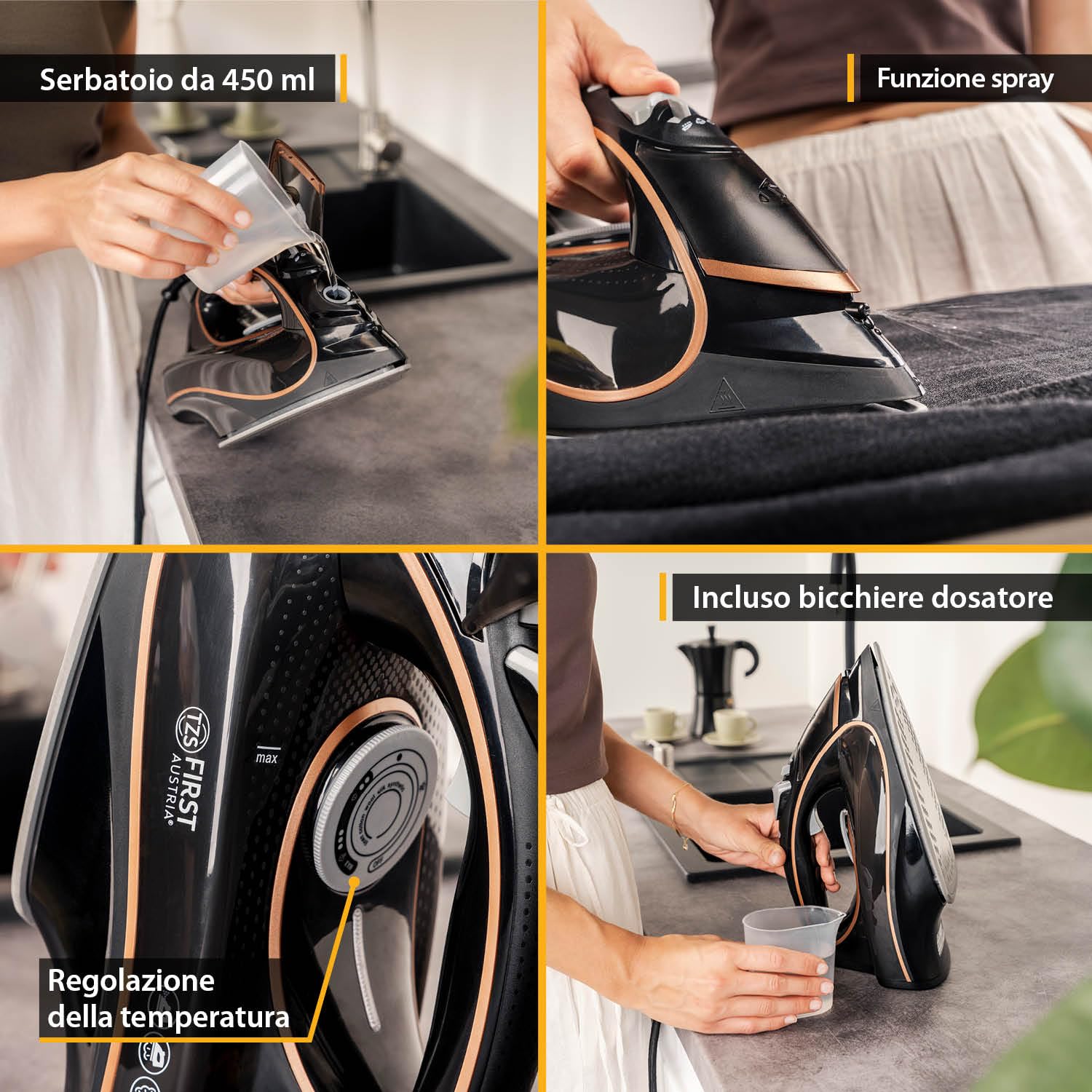 Ferro da stiro a vapore TZS First Austria I 2800-3200 W I piastra in ceramica I autopulizia I vapore verticale I anticalcare I stiratura a secco I serbatoio dell'acqua da 0,45 l I 1,3 kg