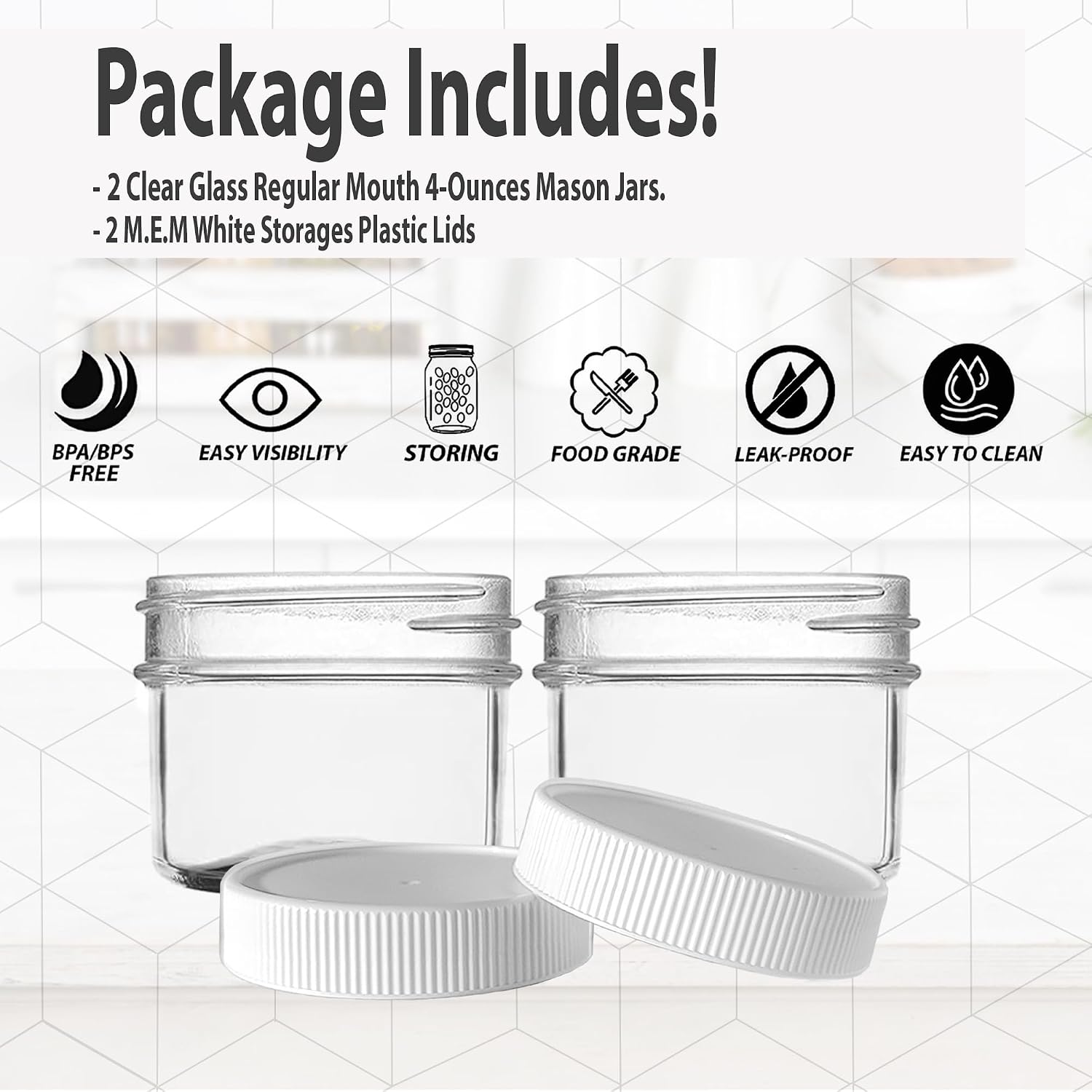 MEM WORLDSHOP Regular Mouth Mason Jars 4 oz - (2 Pack) - Regular Mouth 4-Ounces Mason Jars with White M.E.M Food Storage Plastic Lids - For Storage, Freezing - Leak Proof, Microwave & Diswasher Safe