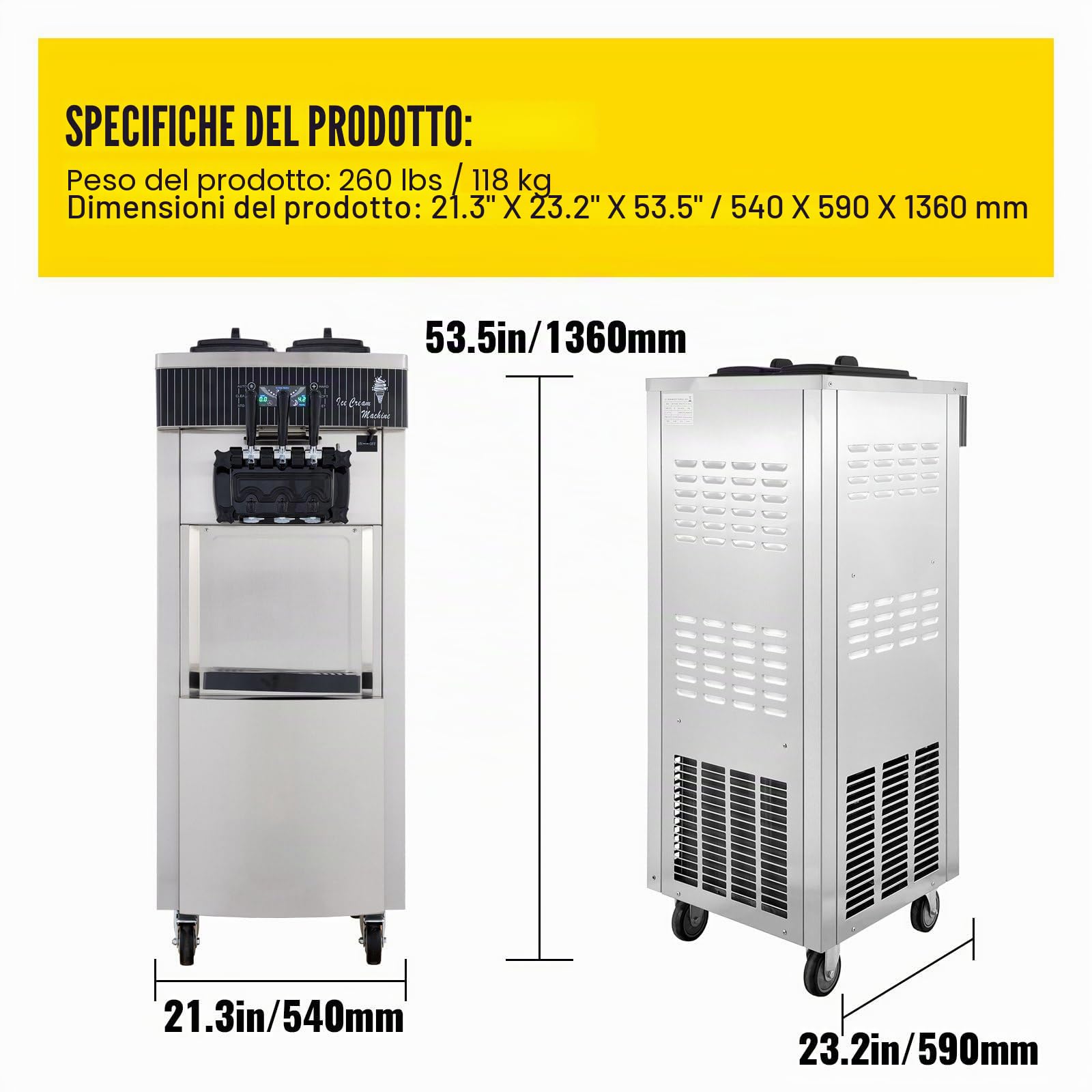 Macchina per Gelato soft professionale 2200W 20-28L/h 3 Gusti Macchina per Gelato Capienza 6Lx2 Pannello LCD Pulizia Automatica per Bar Ristorante Yogurt Caffè Hotel
