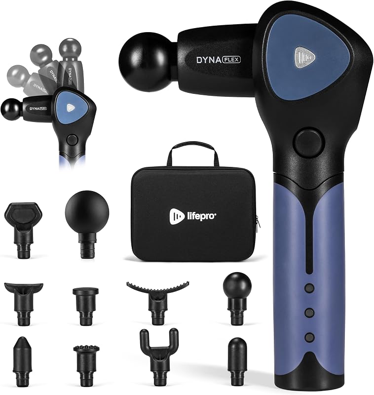 DynaFlex Percussion Massage Gun, Rotating Arm, 10 Heads, 16 Speeds | Self-Reach Upper Back & Shoulders, No Partner Needed Rotating Arm Locks 0°, 30°, 60° & 90°, 1,500–3,300 RPM, Deep Tissue Gun