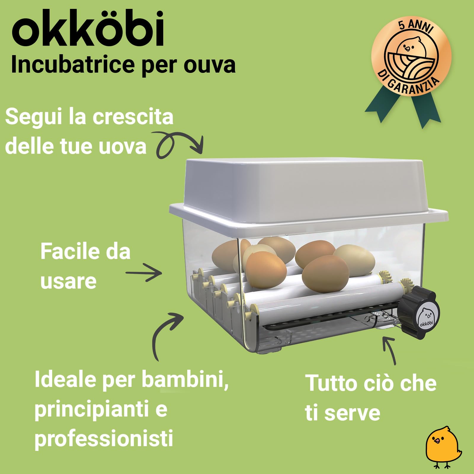 Incubatrice per Uova - 12 Uova - Ideale per Tutte Le età - Incubatrice per Uova Automatica Piccola con Girauova Automatico e Controllo umidità - Lampada sperauova - 5 Anni di Garanzia OBI-12