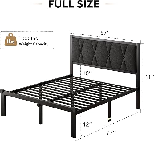 Miniatura 9 de iPormis Base de cama de metal de tamaño matrimonial, cama de plataforma con cabecera capitonada de piel sintética, soporte de listones de acero,