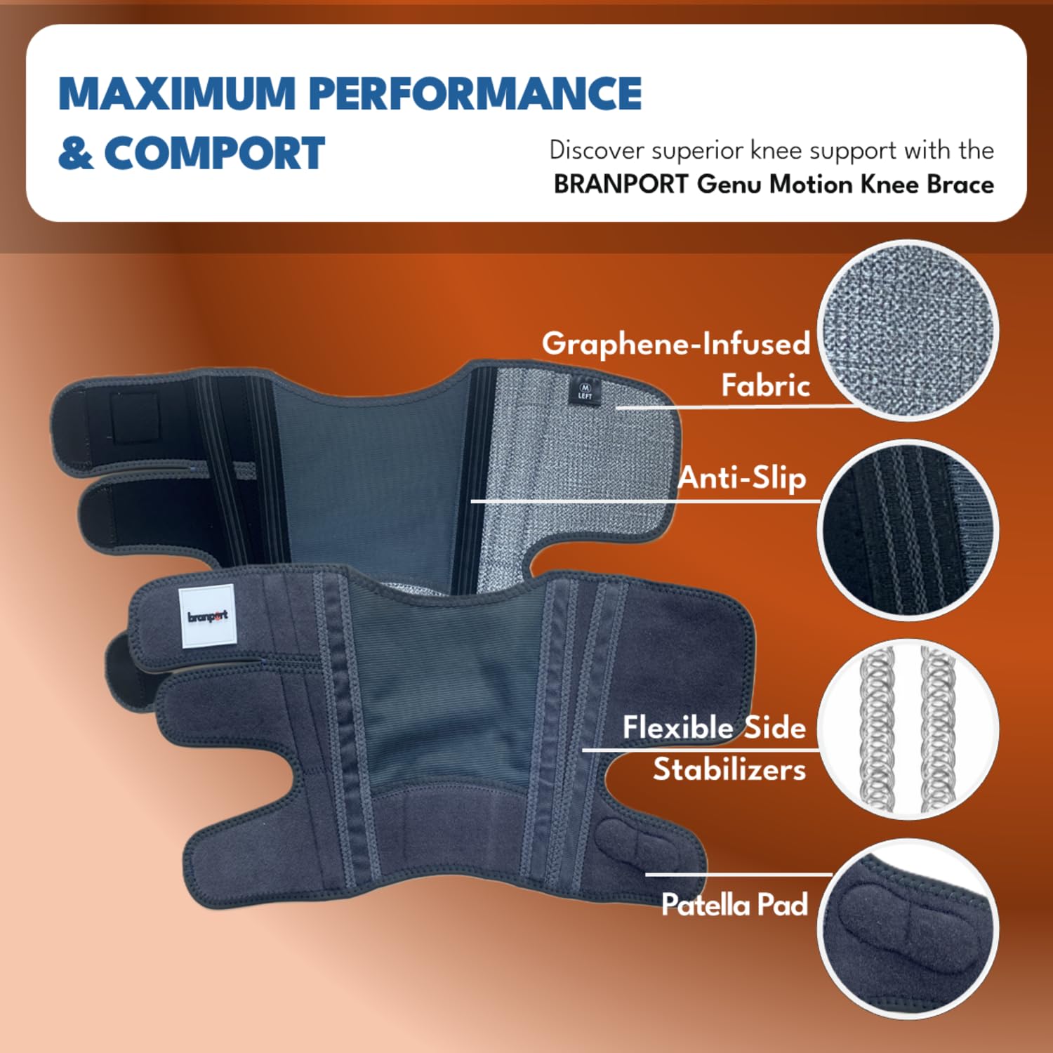 Genu Motion Knee Brace, Graphene-Infused Fabric, Side Stabilizers, Petella Support for Pain Relief, Recovery, Arthritis, Hiking, Daily Activities for Men and Women (Small, RIGHT)