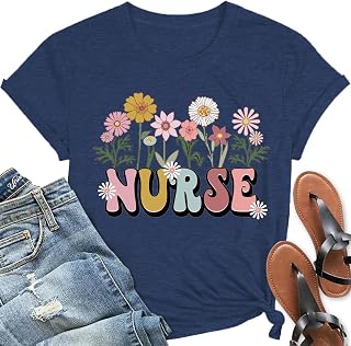 Nurse Shirts Women Wildflowers School Tee Tops Nurse Life Short Sleeve