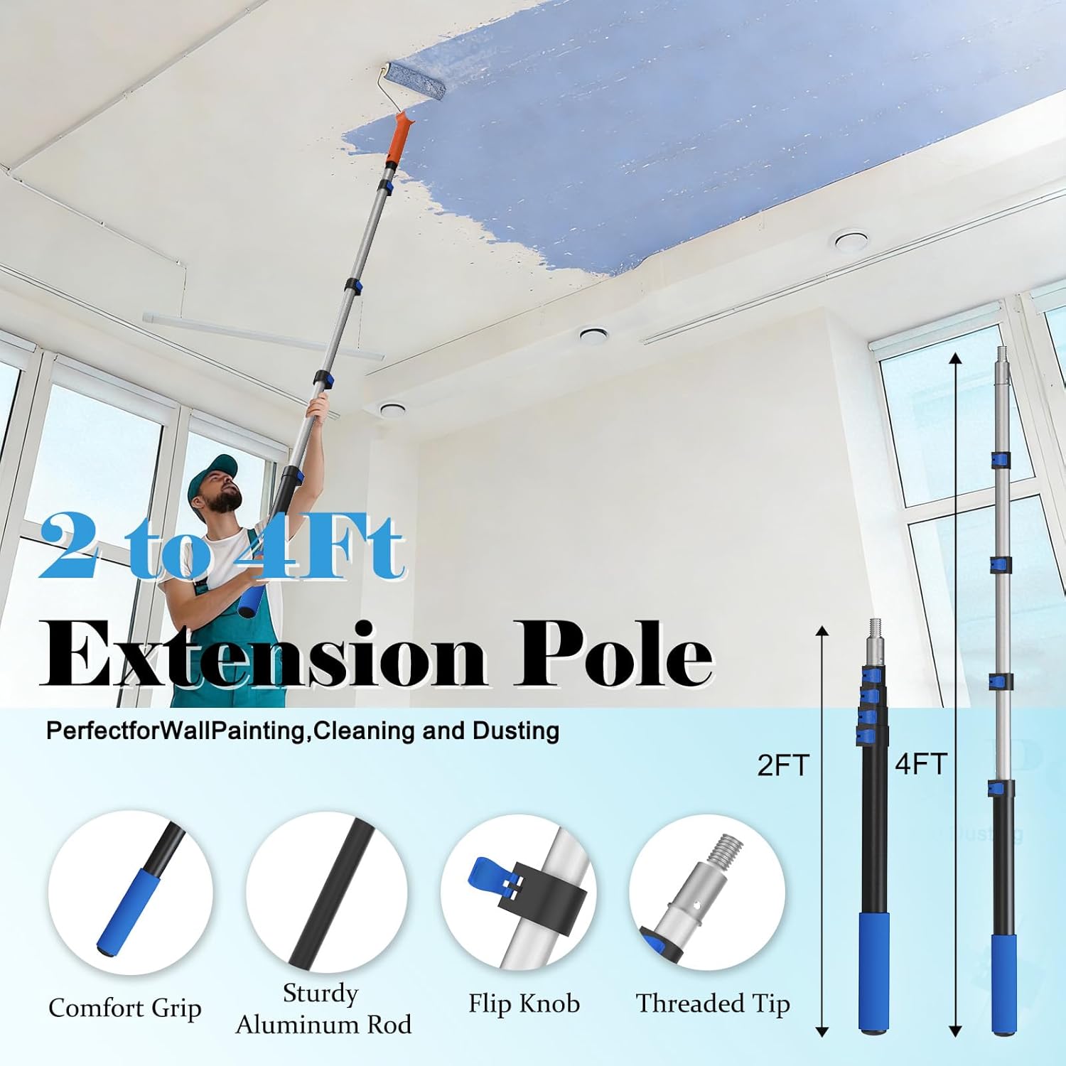 Paint Roller Kit with Extension Pole, 2-4 Ft Adjustable Pole, Professional 27-Piece Paint Kit, 4"9" Paint Rollers, Paint Brushes for Walls, Works with All Latex, Oil-Based Paints and Wood Finishes