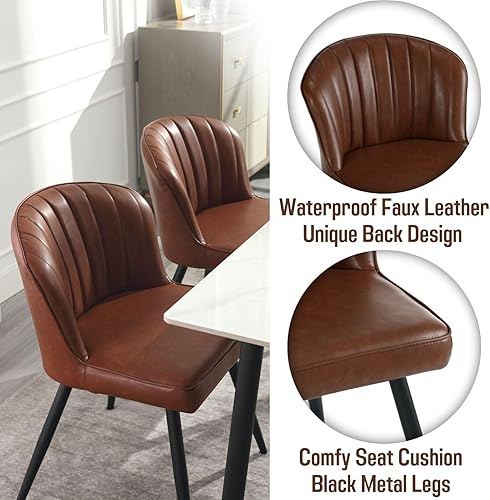 Miniatura 4 de Juego de 2 sillas de comedor marrones de cuero con respaldo, sillas decorativas modernas de mediados de siglo, sillas laterales tapizadas sin brazos