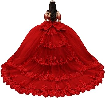 Mouccy Tiered Lace Quinceanera Dresses with Train Tulle 15 Dress | Sparkly off Shoulder Quince Dresses with Bow, 3D Flowers Sweet 16 Dress Puffy 2026, Beaded Pearly XV Dress with Layers