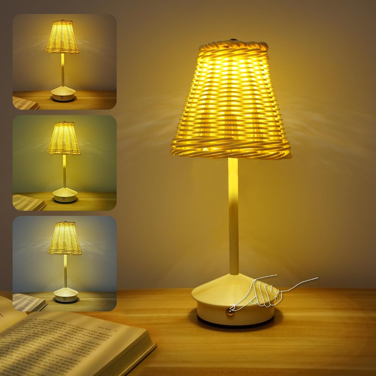 Boho Rattan Table Lamp, Cordless Wicker Woven Vintage Table Lamp - LED Rechargeable Touch Control 3 Color Dimmable Reading Bedside Lamp for Bedroom Living Room Office, Home Outdoor Decor (White-4)