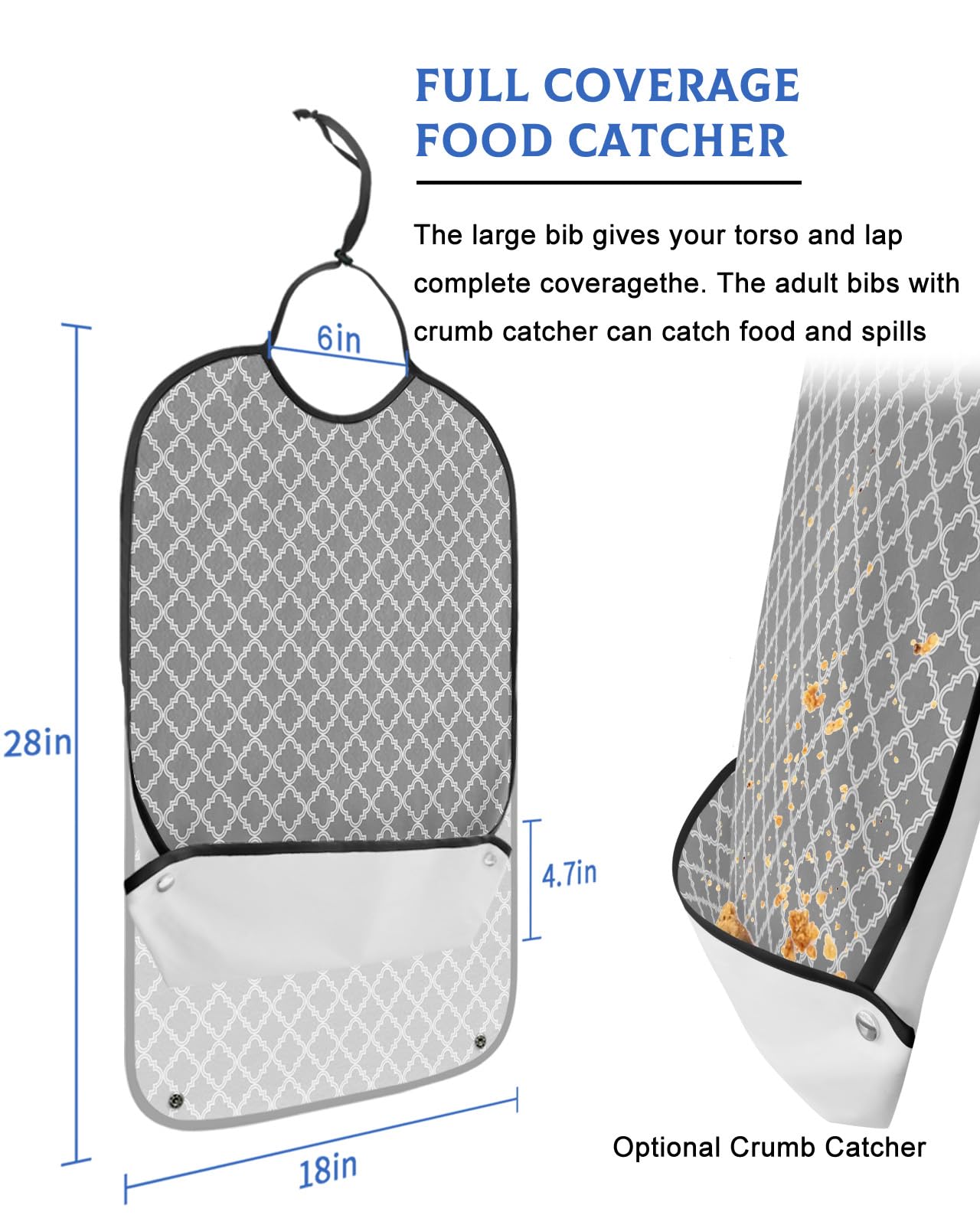 Classic Geometric Adult Bibs for Eating, Waterproof Bibs with Food Catcher & Adjustable Snap Closure, Moroccan Texture Grey Backdrop Washable Clothing Protectors Adult Bibs for Elderly Women/Men