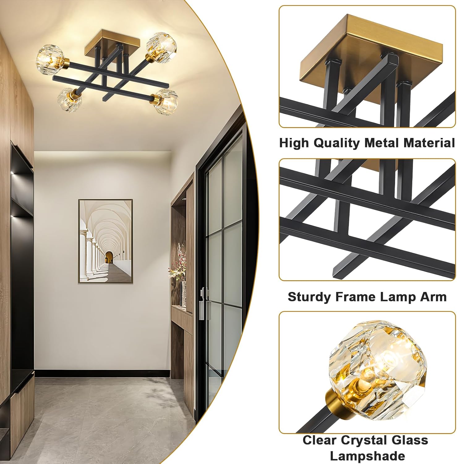 Modern Kitchen Lighting Fixtures Ceiling, 4 Light Semi Flush Mount Ceiling Light Fixture Industrial Black and Gold Chandelier for Bedroom Dining Room Living Room Kitchen Entryway Hallway