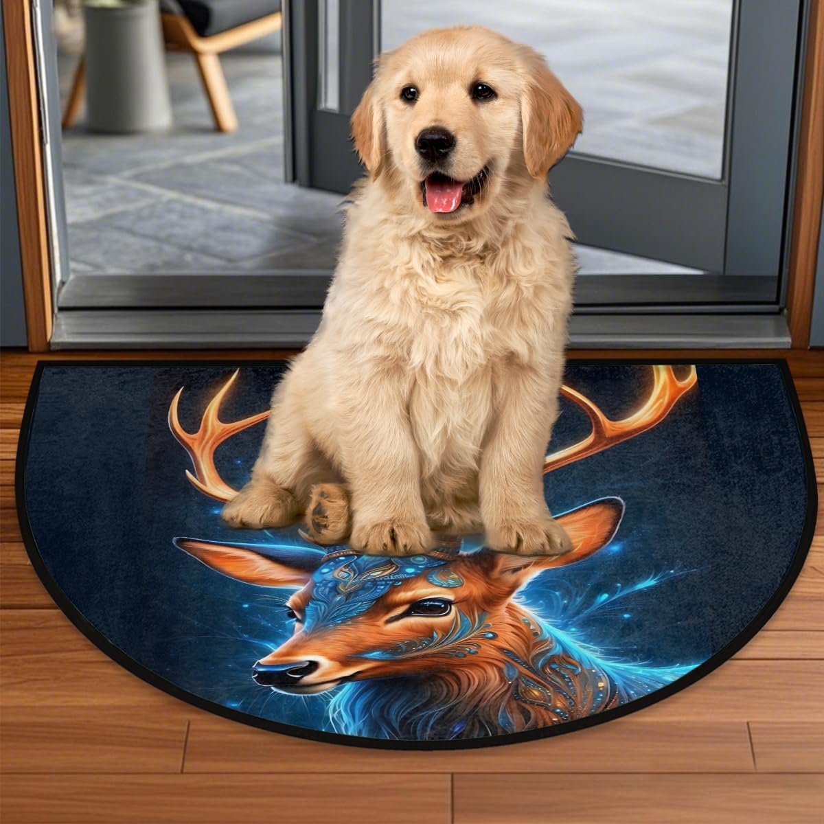 Half Round Door Mat Deer Animal Blue Half Moon Rug Ethnic Animal Washable Half Circle Area Rugs Indoor Entrance Non Slip Semi Circle Bathroom Rugs Floor Carpet for Kithen Bedroom Fireplace Decor
