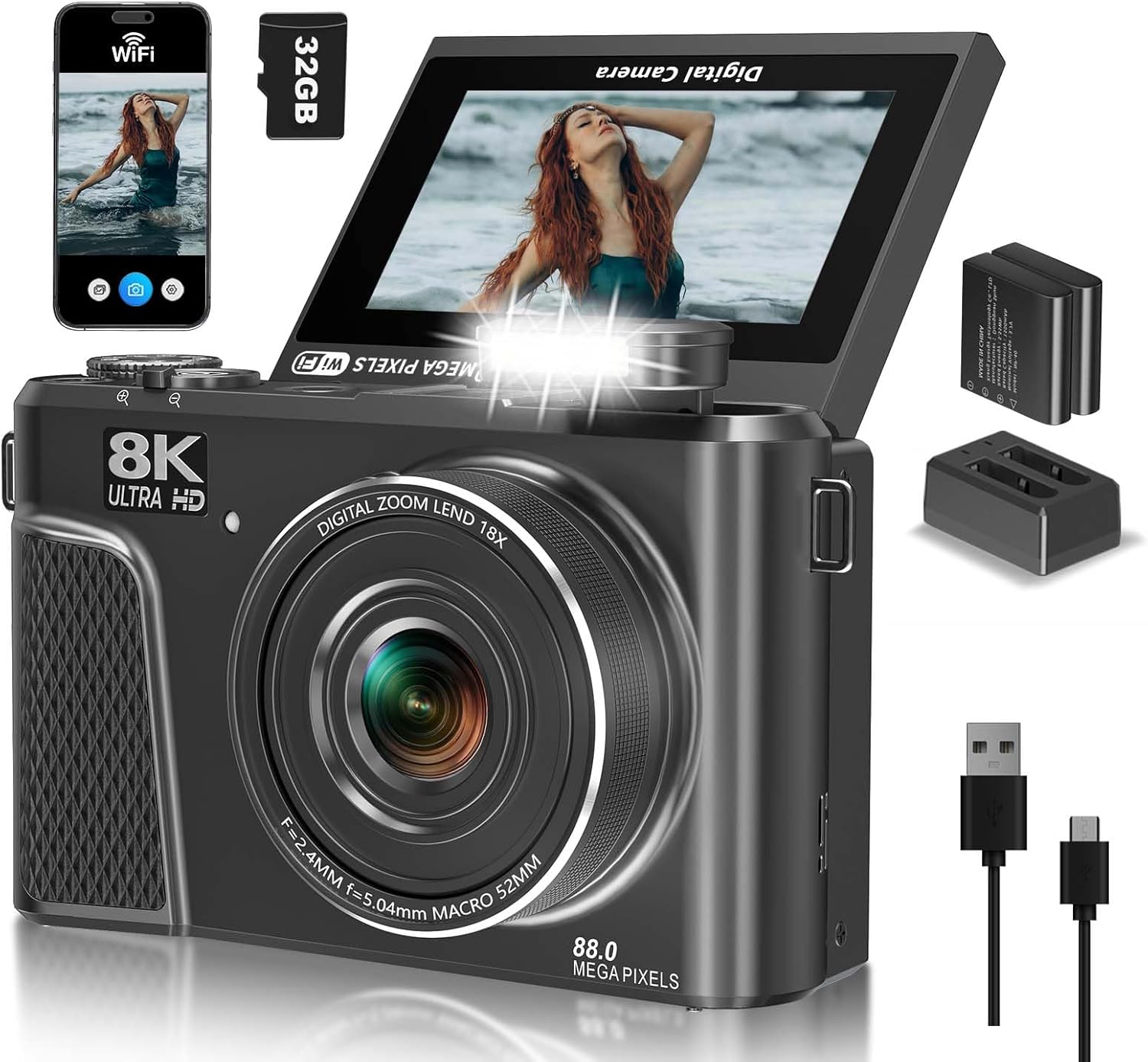 Product image of 8K Digital Camera, 88MP Vlogging Camera for YouTube/Photography with 3" 180° Flip Screen, Fill Light, WiFi, Filters, Beauty Features Includes 32GB SD Card & 2 Batteries (Gunmetal)