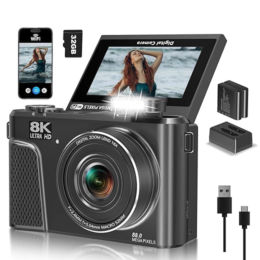 8K Digital Camera with 88MP & 3" 180° Flip Screen - 18X Zoom Auto Focus Vlogging Camera for YouTube/Photography, Includes 32GB SD Card & 2 Batteries (Gunmetal)