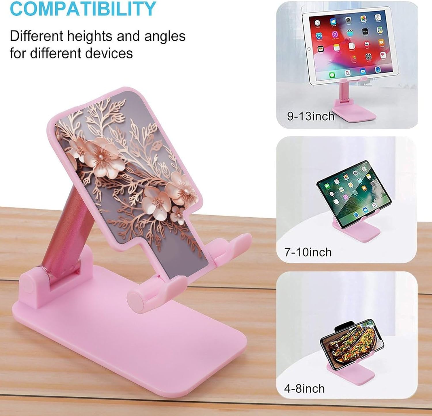 Elegant Decorative Floral Cell Phone Stand for Desk - [360° Rotation] Adjustable Phone Holder, Foldable Mobile Stand, Portable Desktop Mobile Phone Kickstand, Tablet Stand Office Accessories image 3