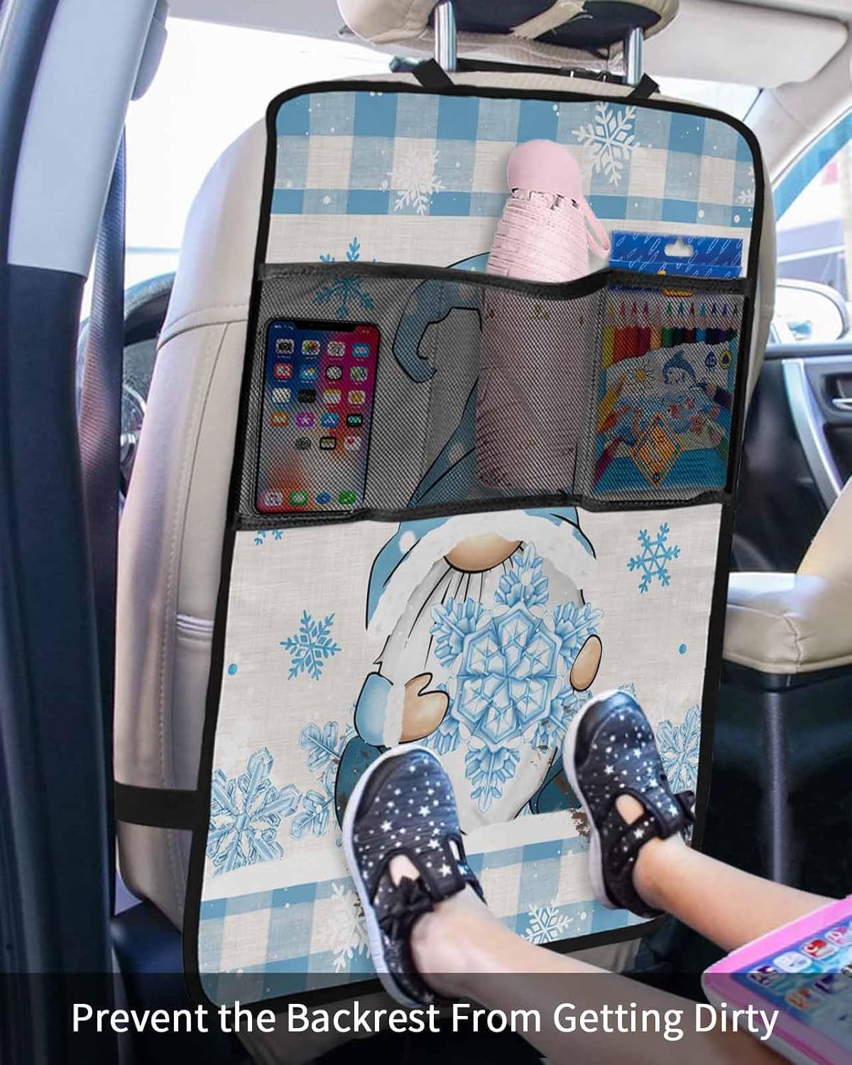 Car Seat Protector, 2 Pack Kick Mats with Organizer - 3 Pocket Storage, Christmas Gnome Snowflake Blue and White Buffalo Plaid Back Seat Cover for Kids Universal Fit Automotive Interior Protectors