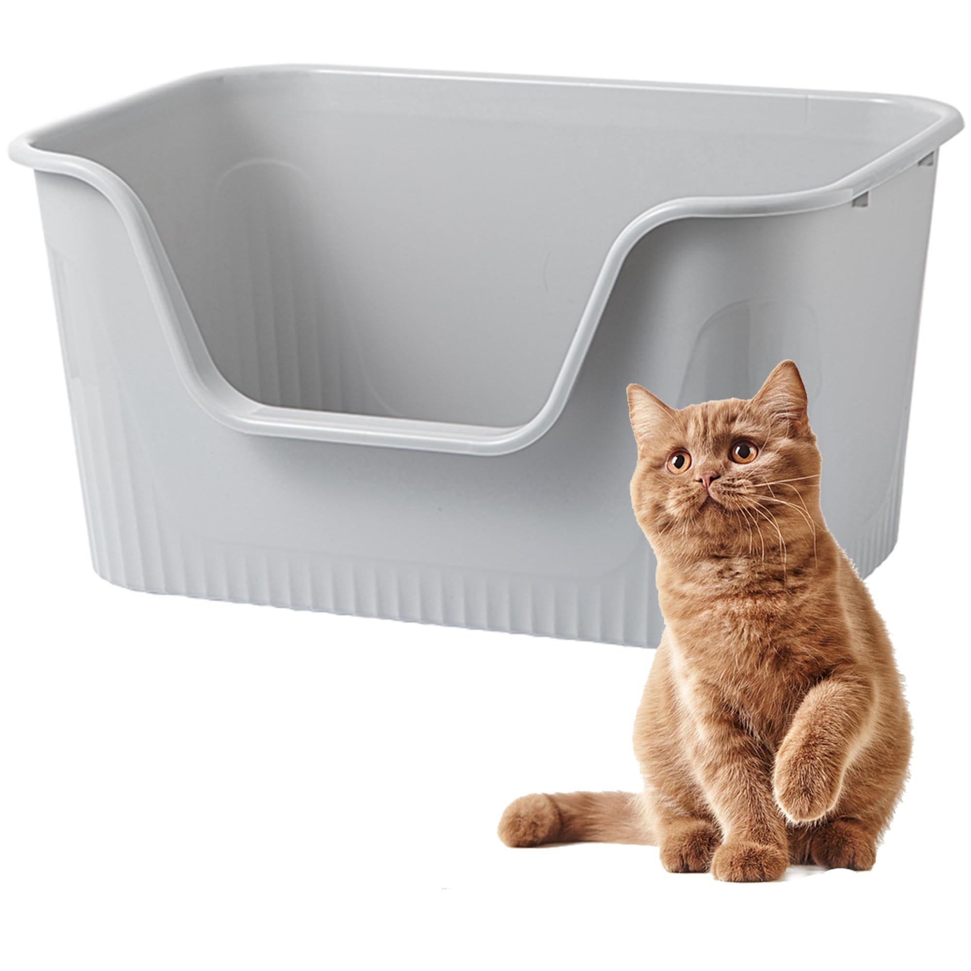 Vealind Open Cat Litter Tray for Cats, Cat Litter Tray without Lid, 55 x 40 x 26 cm, Open Large Cat Litter Box, Cat Litter Box, Easy to Clean Hygienic Cat Litter Box (Grey)